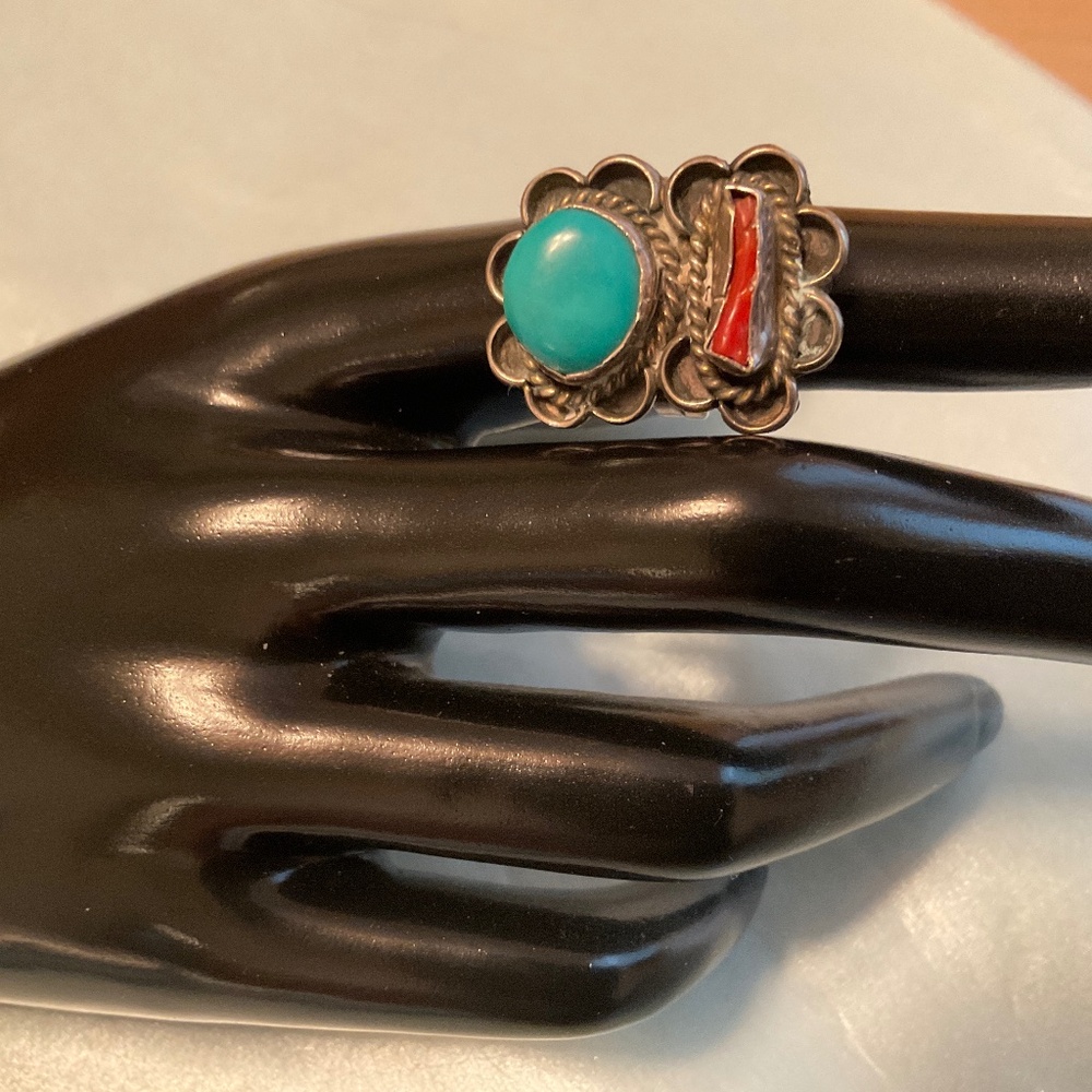 Navaho Made Turquoise & Coral Ring